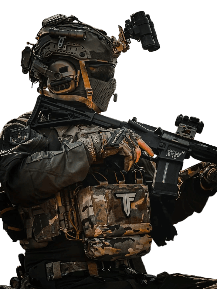 Joueur airsoft équipé sur le terrain Ravenwood